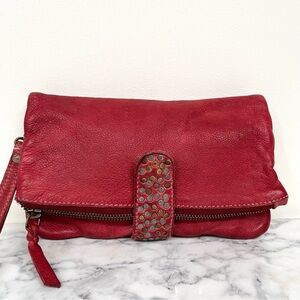 Handmade red leather clutch wallet wristlet mixed metal stud details boho unique